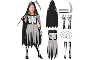 ATOWORLD Halloween Deguisement Faucheuse Enfant Costume Squelette Fille Deguisement Halloween Fille 3-12 Ans Deguisement Faucheur Enfant Costume Faucheuse Faucille Halloween Cosplay Noire Robe Faucheuse Cape