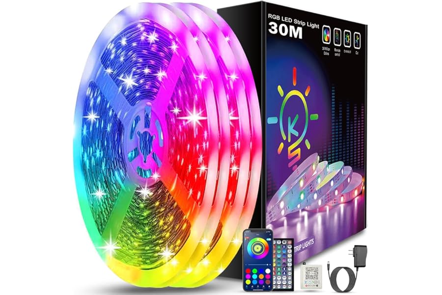 Keepsmile Ruban Led 30m (15mx2), Led Chambre Bluetooth, Bande Led Contrôlé par Télécommande APP, Guirlande Lumineuse Décorati