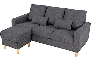Hroth 3 Seater Sofas, Fabric Sectional Sofa with Storage Ottoman and 2 Pillows, Thick Cushions, High Weight Capacity, L Shape Recliner Settee for Living Room, Bedroom, Office, Dark Grey