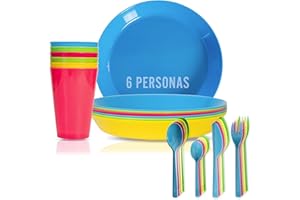 Mypicompany. Pack de 6 Platos Plastico Duro Reutilizables+6 Vasos+Cubiertos camping para 6 personas. Aptos para Microondas y Lavavajillas. Accesorios Libre de BPA.