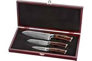 Wakoli Edib Set de 3 couteaux en Damas I Lames en acier damassé à 67 couches avec noyau VG10 et manches en bois de pakka I Couteaux de cuisine professionnels & couteaux damassés dans une boîte en bois