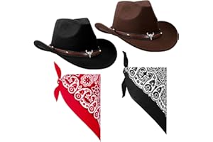 ViEinkaufen 2Pcs Cowboy Hats Black Brown, Cowboy Hat with Bandana Scarf Western Hat Set Fancy Dress Party Accessory for Women Men Halloween Birthday Cosplay Party