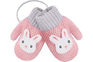 JIAHGUK Kids Toddlers Knitted Gloves Mittens with String Boys Girls Magic Stretch Mittens Thick Fleece Lined Baby Infant Winter Warm Mittens Cartoon Cosy Full Finger Gloves Xmas Gift for Aged 0-3