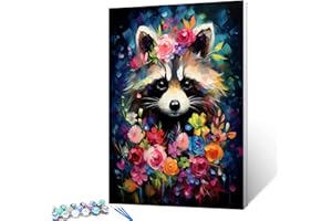 Tucocoo Raccoon Flowers Paint by Number for Adults Beginner, DIY Oil Painting Kits on Canvas with Brushes and Acrylic Pigment, Abstract Floral Cute Animal Picture for Home Decor 16x20inch (Frameless)