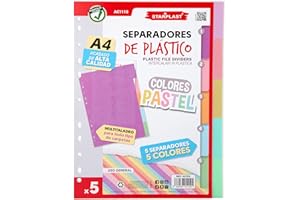 Confezione da 5 separatori StarPLAST – Confezione da 5 separatori a colori pastello, per raccoglitori con 2 o 4 anelli, organizzatori, categorie, per uso scolastico o ufficio.