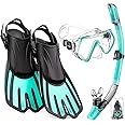 CAPAS Snorkel Mask Fins Set, Travel Size Snorkeling Gear for Adults with Short Adjustable Swim Fins, High Resistant Scuba Diving Mask and Dry Top Snorkel, Come with a Carrying Bag