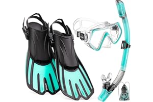 CAPAS Snorkel Mask Fins Set, Travel Size Snorkeling Gear for Adults with Short Adjustable Swim Fins, High Resistant Scuba Diving Mask and Dry Top Snorkel, Come with a Carrying Bag