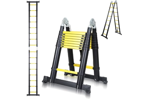 Cecaylie Teleskopstege 5 m fällbar stege aluminium stående stege halkfri utdragbar stege svart multifunktionsstege hushållsstege 150 kg/330 pund lastkapacitet (2,5 + 2,5 m)