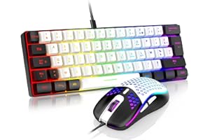 RedThunder 60% Ensemble Clavier et Souris 2-en-1 Gamer, AZERTY FRANÇAIS, Mini Clavier Ultra-Compact Rétroéclairé RGB 62 Touches, Souris Légère 6 Boutons 7200 DPI pour PC Mac PS5 Xbox (Blanc-Noir)