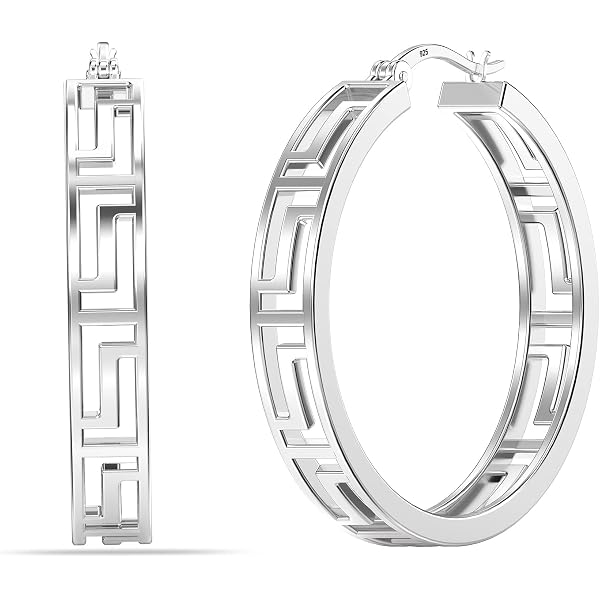 Sterling Silver Greek Key Hoop Earrings, 20mm Creole Style