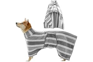 FADCAER Dog Drying Coat,Super Absorbent Dogs Bathrobe Microfibre Dog Towel Fast Drying Pet Dressing Gown,Super Soft Dogs Bath Towel Adjustable Neck Snap Fstening for Small Medium and Large (White Stripe, S)