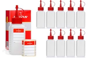 OCTOPUS 10 x 100 ml butelki plastikowe HDPE, np. na płyny, butelki na płyny lub butelki z tworzywa sztucznego z czerwonymi nakrętkami z dozownikiem/zakrętkami kroplającymi, w zestawie etykiety do opisywania