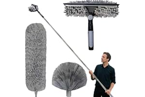QUAZARPYON Plumeau Telescopique 6m, Tete De Loup Telescopique avec Extension RéGlable 1.5-6m, Balai AraignéE Tete De Loup Telescopique, Raclette De FenêTre, TêTe De Plumeau en Chenille pour Plafonds, Stores