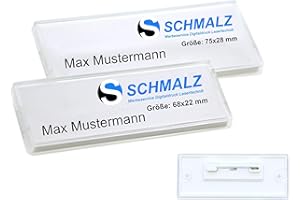 SCHMALZ Placa con Nombre de Plástico 68x22mm o 75x28 mm con Aguja de Seguridad o Imán Placa de Nombre para la Ropa Etiquetado Fácil - Aguja de Seguridad, 68 x 22 mm