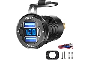 Ktilura USB Car Charger Socket,12V 3 Port Fast Charging Outlet Panel,Dual 18W QC3.0 USB-A & 30W PD Type C Charger Power Outlet Panel with Switch LED Voltmeter for Car/Boat/Motorcycle/SUV/RV Truck