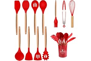 CCHONG Utensilios de Cocina de Silicona Utensilios Cocina de Silicona Antiadherente Juego de Utensilios Resistentes al Calor con Mango de Madera Accesorios Cocina (Rojo)