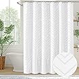 Simplebrand Boho White Shower Curtain Set 182x198 cm (72x78 inches) with 12 Hooks, Fabric Shower Curtain Modern Chic Textured Tufted Chevron Striped Minimalist Hotel Bathroom Shower Curtain, White