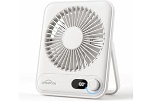 WHATOOK Cichy wentylator stołowy USB Bezstopniowy regulator 1-100, akumulator 5000 mAh, szybkie ładowanie, wyświetlacz LED, przenośny, kompaktowy, do biura, domu, na kemping, w podróży, biały