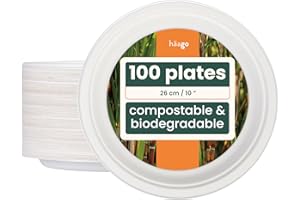 HAAGO 100 piatti di canna da zucchero usa e getta, biodegradabili (26 cm), grandi piatti per feste, solidi, rigidi e impermeabili, ecologici e compostabili