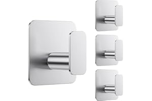 Aikzik 4 Pack Self Adhesive Hooks, Over 10kg Load - Stick on Hooks Heavy Duty Stainless Steel, No Drilling, Strong Sticky for Hanging Coats, Bathrobes and Towels, Tea Towel Holder for Door or on Wall