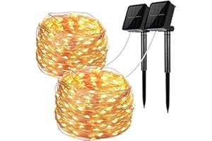 FANSIR Solar String Lights, 2 Pack 100 LED Solar Fairy Lights 33 ft 8 Modes Copper Wire Lights Waterproof Outdoor String Lights for Garden Patio Gate Yard Party Wedding Indoor Bedroom (Warm White)