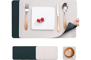 Myir JUN Manteles individuales lavables y posavasos, manteles individuales de piel lavables, manteles individuales reversibles, antideslizantes, aspecto de piel (beige y verde, juego de 6)