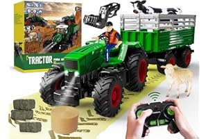 PENGBU RC Remote Controlled Tractor with Trailer, 2.4 GHz Tractor Remote Controlled Toy, Children's Tractor Tractor Remote Controlled with Front Loader, Trailer, Cow, Sheep and Hay Bale from 3 4 5 6 8