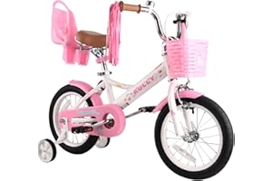 RULLY Bicicletta per Bambina 12 14 16 Pollici per 2-7 Anni con Rotelle & Freno Anteriore a Mano, Bicicletta per Bambini con Cestino, Nastri e Design per Bambine Piccole