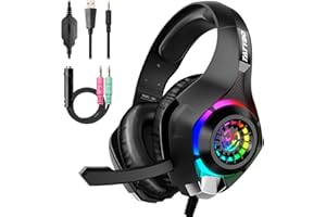 Tatybo Gaming Headset for PS4 PS5 Xbox One PC, Over-Ear Gaming Headphones with Surround Sound, Noise Canceling Mic, RGB Light