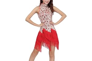 OBEEII Robe de Danse Latine Salsa pour Femmes Paillettes Frange sans Manches Bretelles Réglables Robe de Soirée Vêtements de Danse de Salon