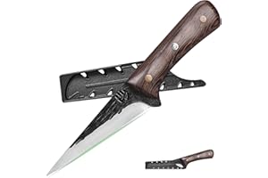 FULLHI Cuchillo Deshuesador de Acero al Carbono con Mango de Madera y Funda, Cuchillo de Cocina para Deshuesar, Pescar, Acampar, Barbacoa, etc. (Marrón, 13,9cm)