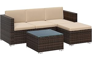 ‎SONGMICS SONGMICS Polyrattan Lounge, Garden Furniture Set, Balcony Furniture, Garden Lounge with Cushions and Glass Table, Patio Furniture, Corner Sofa, Outdoor, for Patio, Balcony, Garden, Brown/Taupe GGF005K03