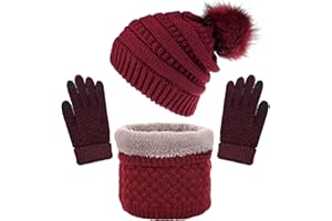 CheChury Cappelli Invernali Sciarpa Donna Invernale Berretto a Maglia con Sciarpa Beanie Collo della Ciarpa Guanti Touch Screen all'aperto Jogging Sci, 3 Pezzi