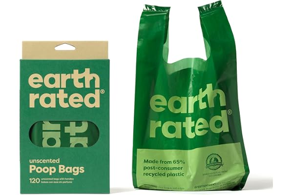 Earth Rated Sacs à crottes pour chiens avec poignées, s’ouvrent extra larges, faciles à nouer et étanches, sans parfum, 120 sacs avec poignées