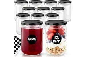 Otauoaea Lot de 12 Pots à Confiture de 500ml avec Couvercl，Petits Bocaux en Verre Hermétique Bocal en Verre Avec Overnight Oats Jar Pot en Verre pour Yaourt, Céréales, Porridge, Confiture