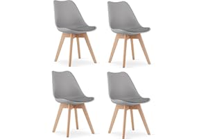 NMK HOME Sillas Comedor Pack 4 - Gris Sillas de Cocina - Patas de Silla en Madera de Haya - Piel Sintética Aterciopelada