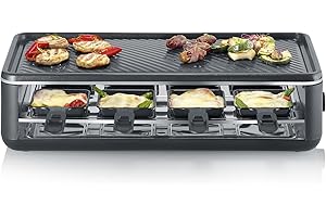 ‎SEVERIN SEVERIN Raclette-Grill für 8 Personen, Raclette mit großer antihaftbeschichteter Grillplatte, extra tiefe Pfännchen, Spülmaschinengeeignet, Tischgrill, Black Line Lite, RG 2365