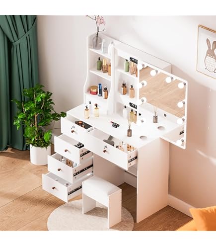 Toeletta Con Specchio E Luci - Mobile Trucco 6 Cassetti Bianco 80x36x131cm - Foto 7