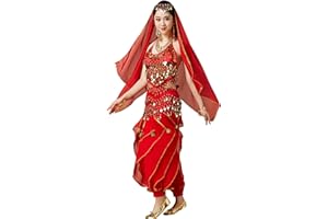 Wuchieal Bauchtanz Kostüm 4 Teile Oberteil Hose Hüftschal Schleier für Damen