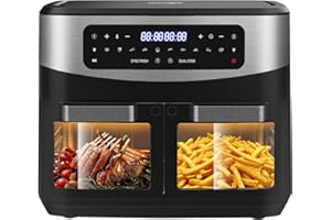 ‎ICEAGLE Heißluftfritteuse Doppelkammer Airfryer 12L - Heissluftfriteuse XXL Friteuse mit Sichtfenster, LED Touchscreen, 2 Fächer, 10 Programmen, Sync Finish & Dual Cook, Dörrer Funktion, 2600W