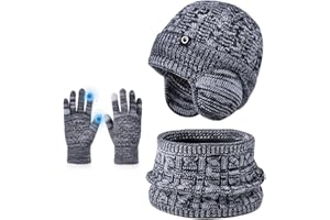 BOYSSPAA Kids Hat Scarf Gloves Set Winter 3 Piece Knitted Warm Beanie with Ear Protection, Neck Warmer and Touchscreen Gloves for Boys and Girls