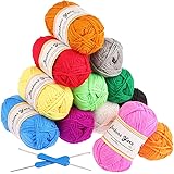 Fuyit Häkelgarn 600g (12x50g) Stickgarn Set Acryl Garn Stränge mit 2 Häkelnadeln 1200 Meter Handstrickgarn Baumwollgarn für H