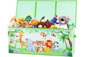 DECALSWEET Scatola di Giocattoli Extra Large con Coperchio Ribalta per Bambini, Contenitore Porta Giochi Pieghevole Oxford, Baule Portagiochi Impermeabile Robusto per Ragazze Ragazzi, 96×32×40cm (Festa Animali)