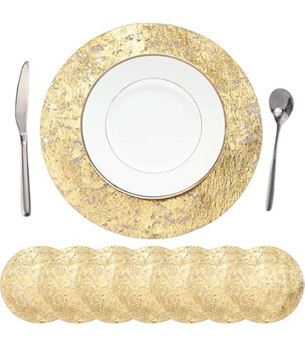 DEDEMCO 6 stuks ronde placemats roségoud, 38 cm gouden bloemplacemats holle PVC tafelmatten wasbare hittebestendige vinyl tafelplacemats voor bruiloft eettafel, A1, A2
