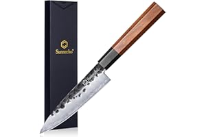 Sunnecko Coltello Universale Giapponese Stile - Coltelli da Cucina Professionali 14cm Forgiato in Acciaio Inossidable Martellato, Manico in Palissandro Ottagonale, per Verdure Frutta