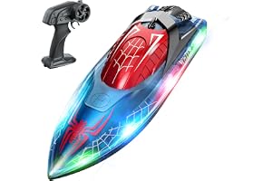 DEERC Fjärrstyrd båt med LED-ljus, RC-båt 15 km/h, 2,4 GHz racerbåtar, 2 batterier för 80 minuters lektid, pooler och sjöar, leksakspresent för barn från 8 år