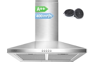 COMFEE' CH60A17EM400SS A++ Dunstabzugshaube 60cm Umluft & Abluft, Wandhaube mit Aktivkohlefilter, 400m³/h Luftstrom, 5 Schichten Waschbarer Fettfilter, Einstellbarer Kamin, Silber