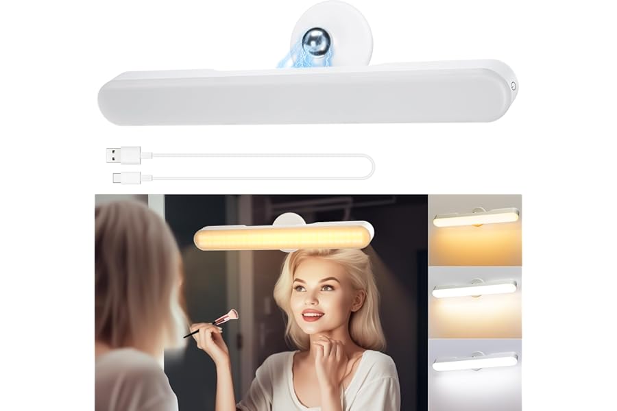 Rinfency Makeup Mirror Lights Stick On Mirror, 4000mAH Rechargeable Battery Operated Dressing Table Lights, Touch Make Up Vanity Lights, Screw-Free Portable LED Lamp Bathroom Lighting USB Light Bulb