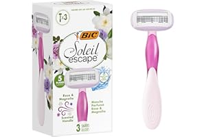 BIC Soleil Escape - 3 Rasoirs pour Femme à 5 Lames avec Bande Hydratante à l'Huile d'Amande et Manche Parfumé Rose et Magnolia pour un Rasage de Près Confortable