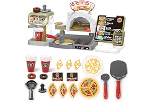 deAO Coffee & Pizza Shop per bambini, giocattolo da caffè per bambini, con macchina da caffè con acqua, lettore con suono, giocattolo per ragazze e ragazzi a partire da 2 3 4